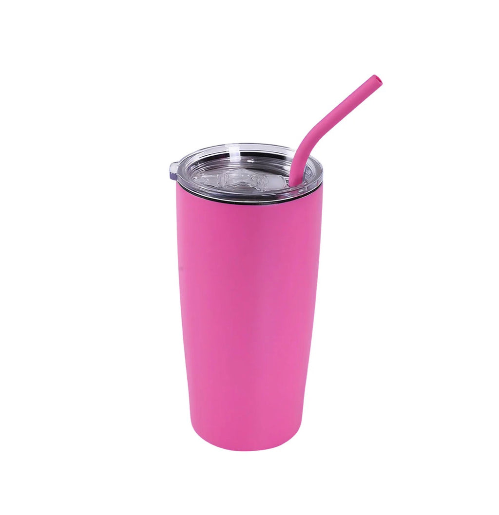 A bright pink insulated tumbler with a clear lid and matching pink straw, shown on a plain white background.