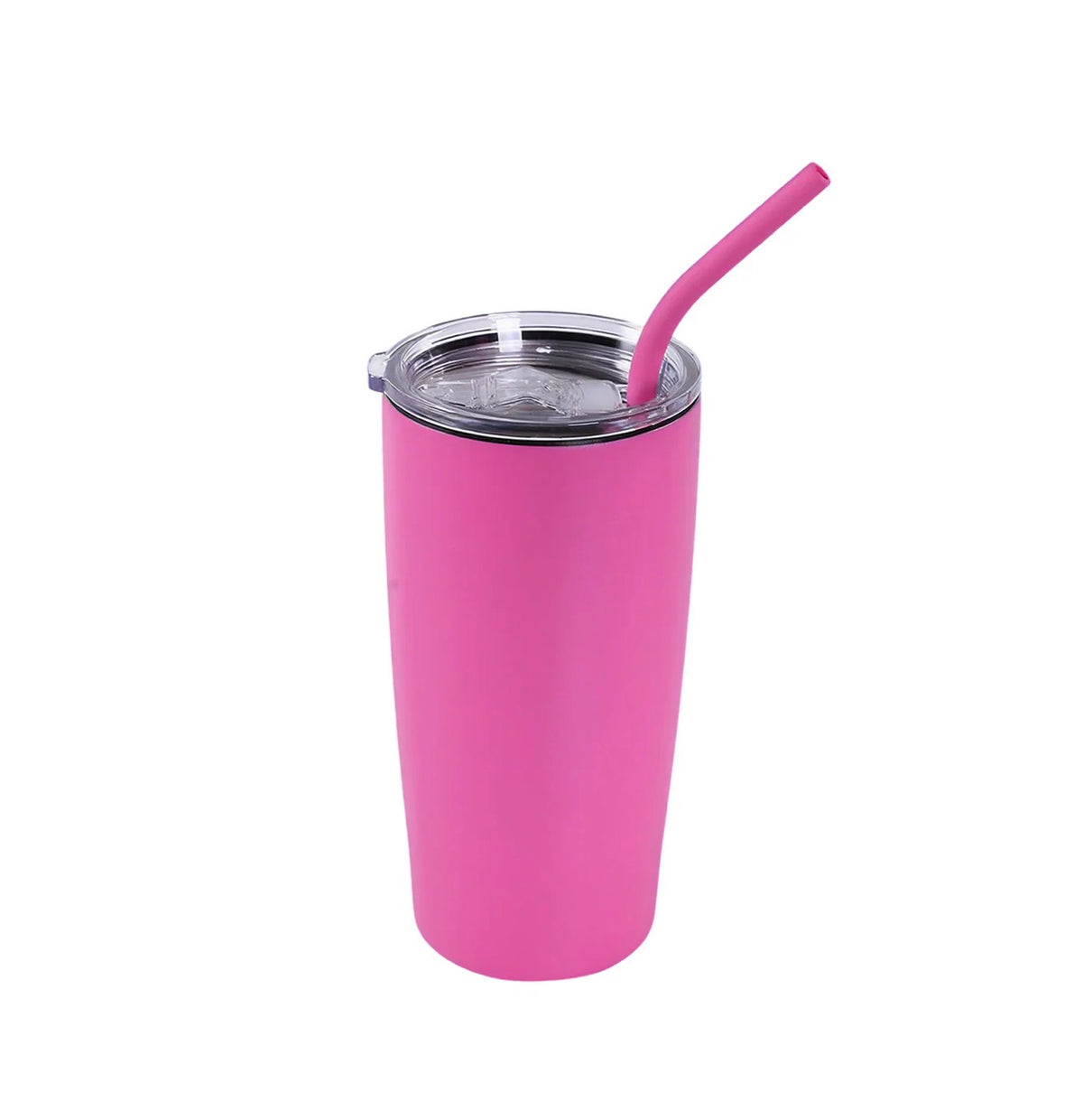 A bright pink insulated tumbler with a clear lid and matching pink straw, shown on a plain white background.