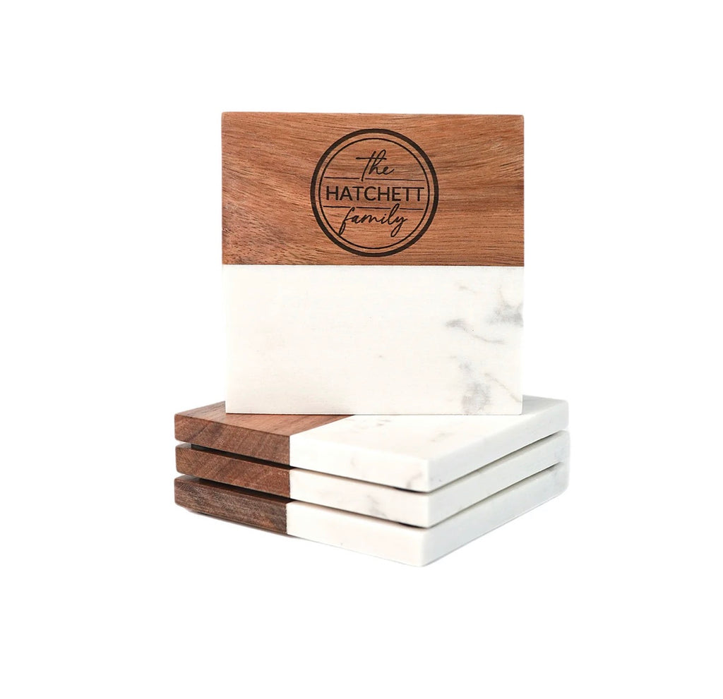 Personalized Acacia & Marble Coasters