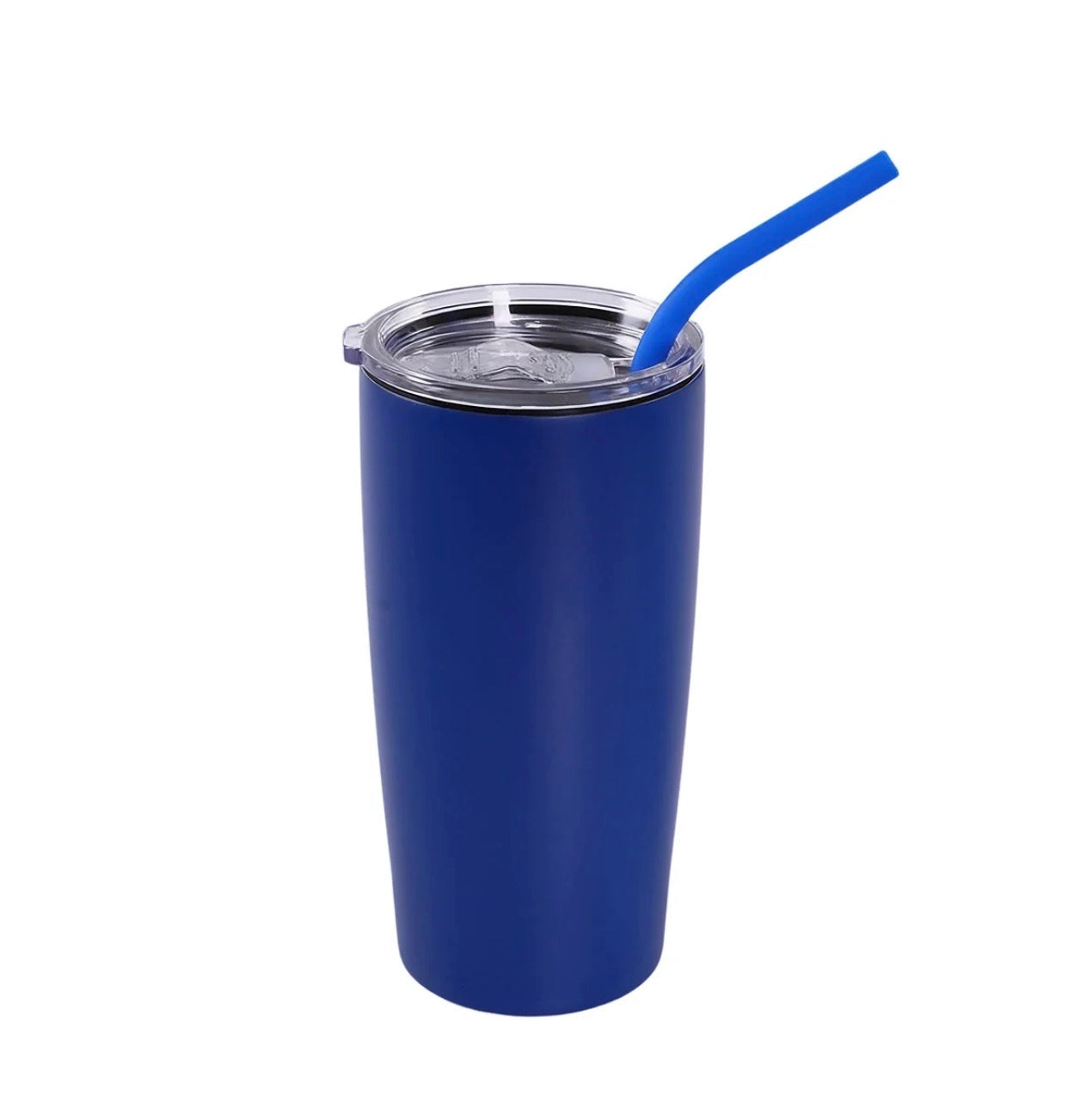 A blue insulated travel tumbler with a clear lid and a matching blue straw, shown on a plain white background.