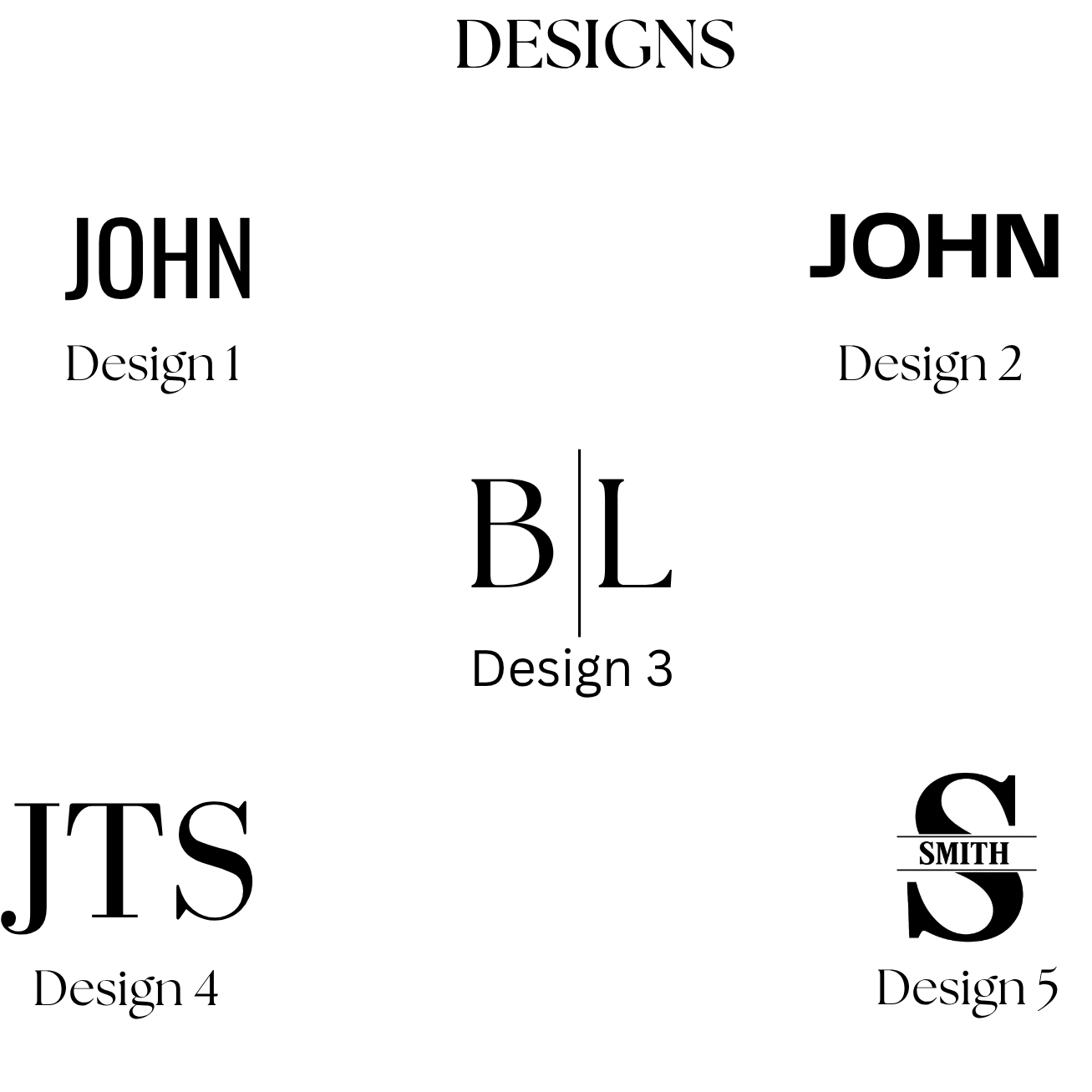 Collection of five different logo designs labeled 'Design 1' to 'Design 5' on a white background.