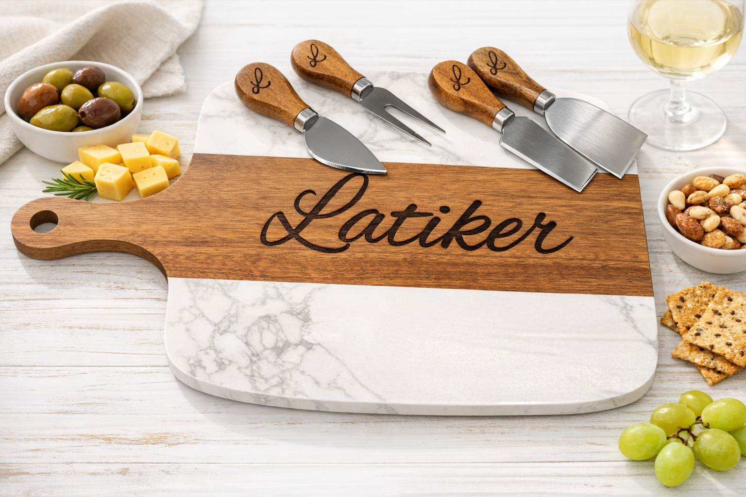 Personalized Marble and Acacia Charcuterie Board with Four Utensils