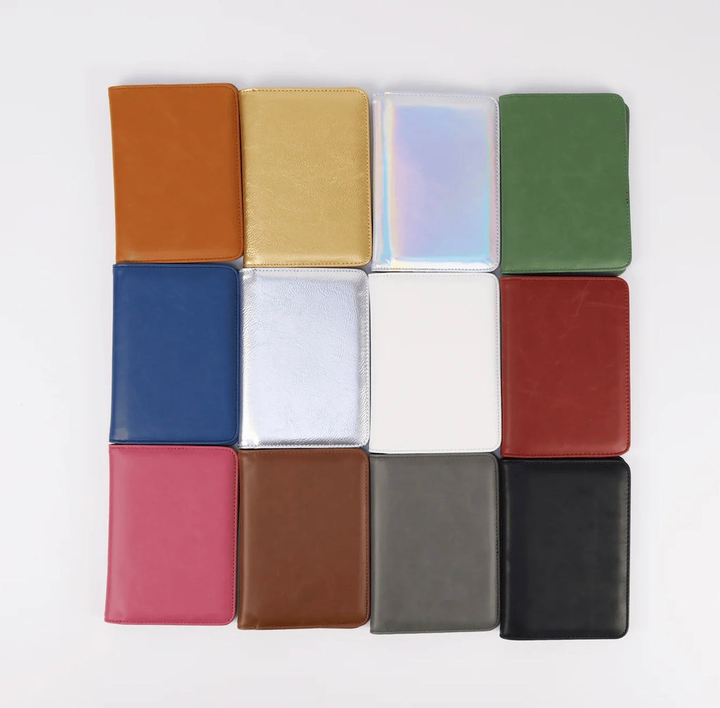 Grid of various colored leather passport wallets on a white background
