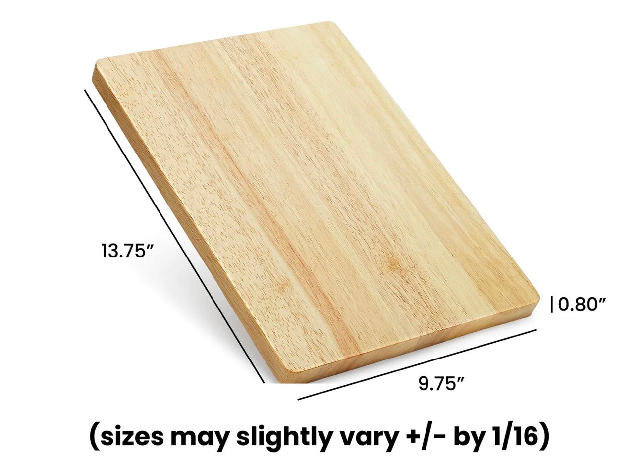 A rectangular wooden cutting board shown at an angle on a white background with dimension lines and text indicating measurements of 13.75 inches, 9.