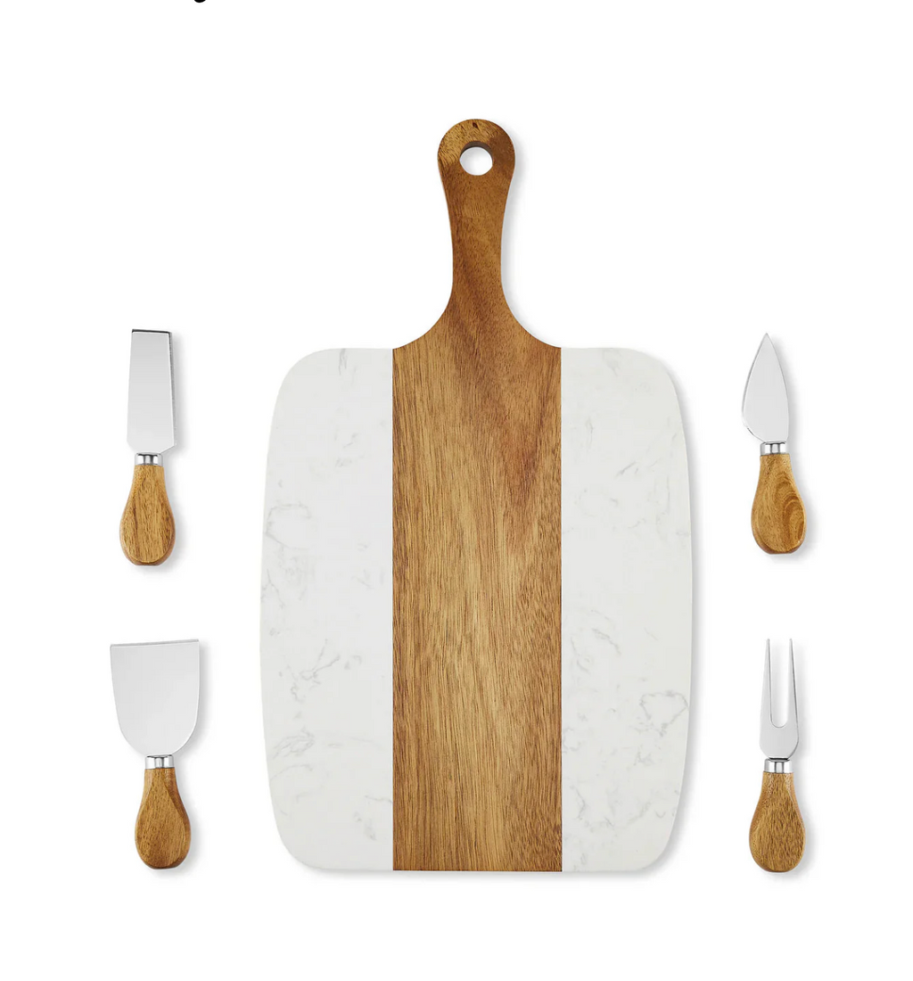 Personalized Marble and Acacia Charcuterie Board with Four Utensils