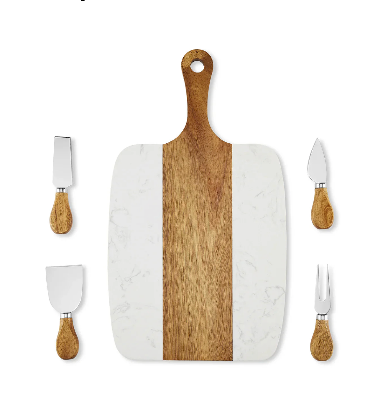 Personalized Marble and Acacia Charcuterie Board with Four Utensils