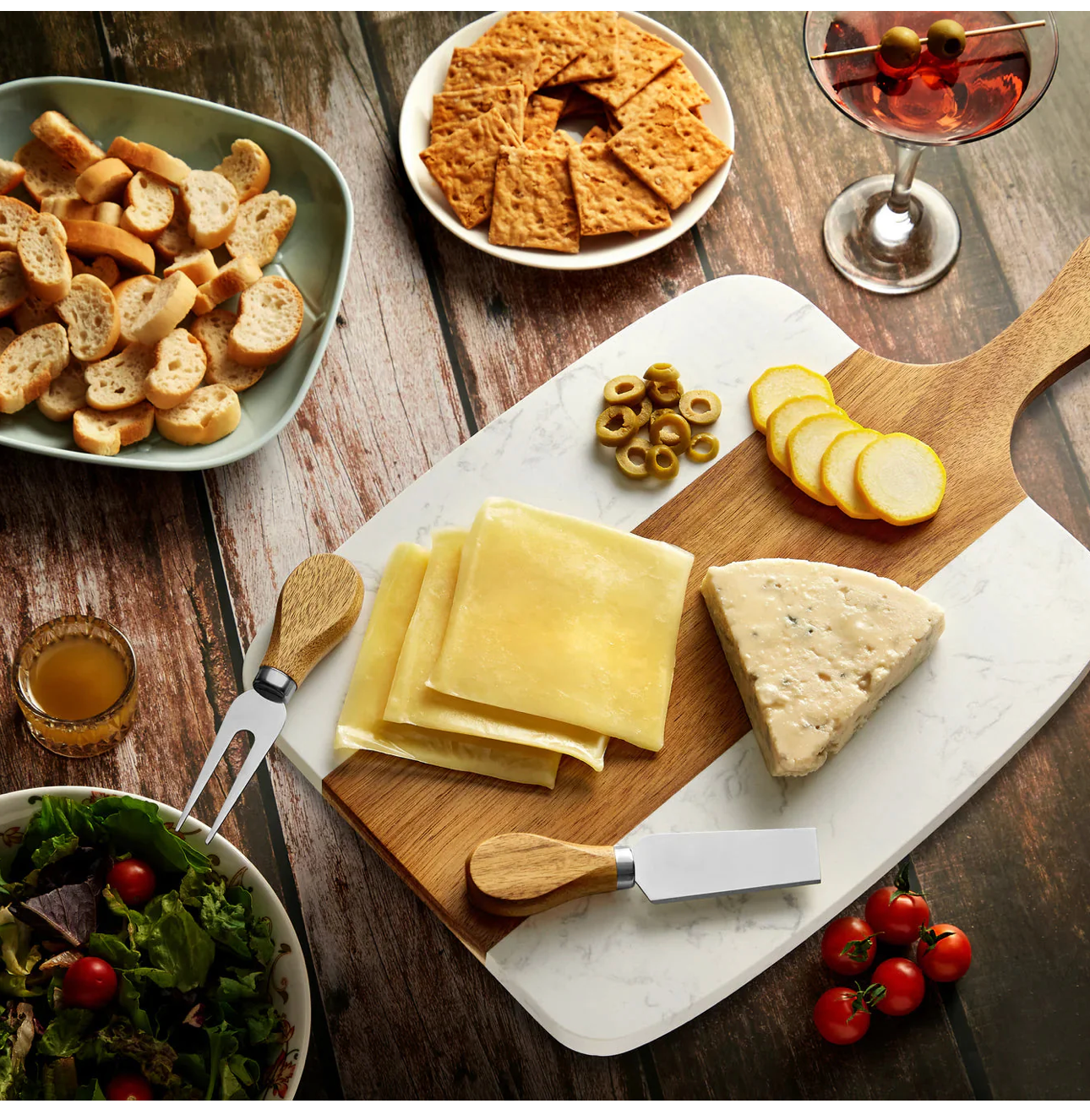 Personalized Marble and Acacia Charcuterie Board with Four Utensils