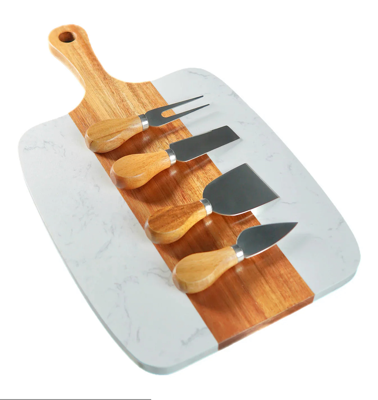 Personalized Marble and Acacia Charcuterie Board with Four Utensils